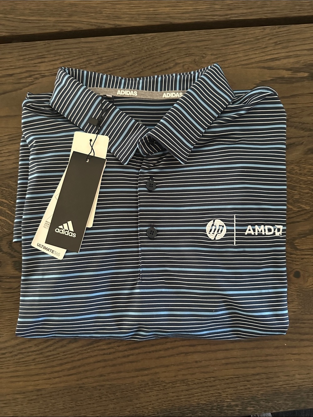 adidas Men's Navy and Light Blue Striped Golf Polo